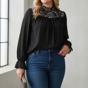 Black Whimsy Goth Women's XL Blouse With Lace Neckline And Lace Cuffs